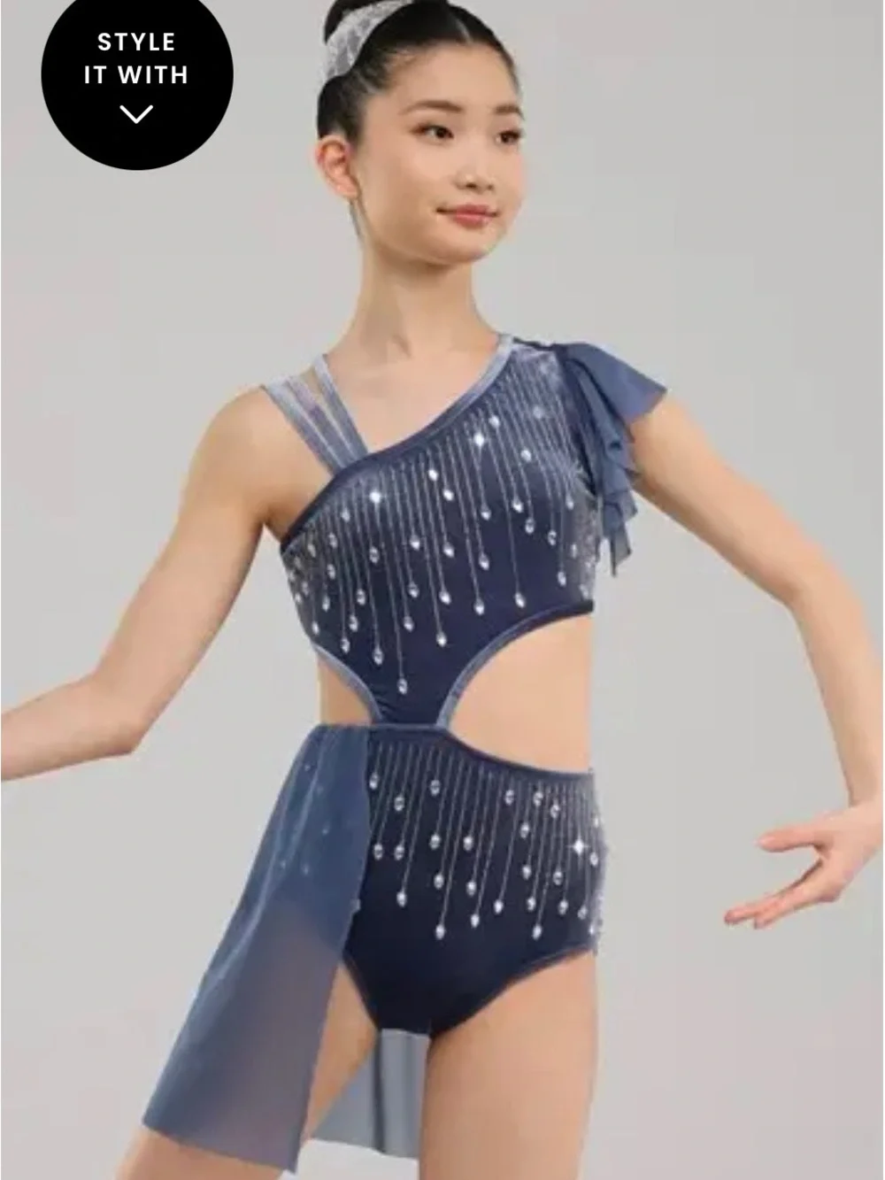 Weissman Dusty Blue Velvet One-Piece Dance Costume with Bead Embellishments